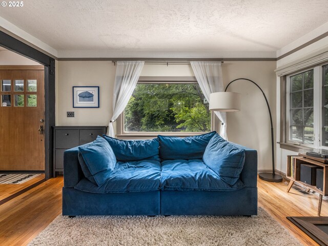 1405 NE 47th Ave, Portland, OR 97213 - living room featuring a textured ceiling and wood finished floors