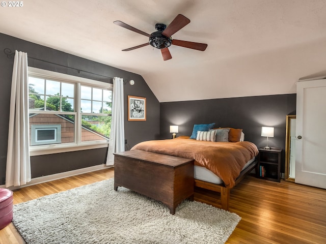 1405 NE 47th Ave, Portland, OR 97213 - bedroom featuring vaulted ceiling, wood finished floors, and a ceiling fan