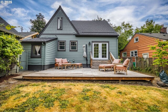 1405 NE 47th Ave, Portland, OR 97213 - back of house featuring french doors, a fenced backyard, an outdoor living space, and a wooden deck