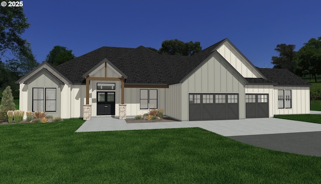 view of front of property featuring a garage, a front lawn, board and batten siding, and roof with shingles