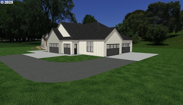 view of front facade featuring roof with shingles, board and batten siding, a detached garage, and a front yard