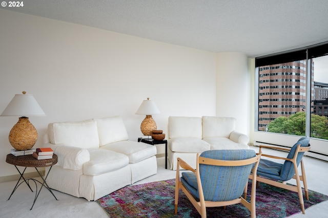 carpeted living room featuring a textured ceiling