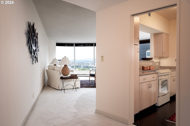 hall featuring a textured ceiling, light colored carpet, and floor to ceiling windows