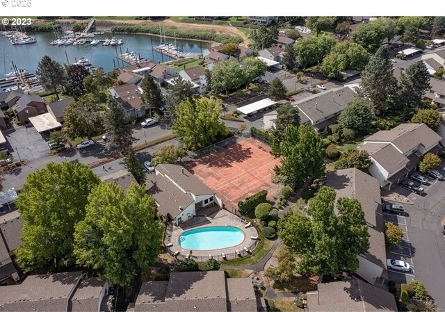 aerial view featuring a water view