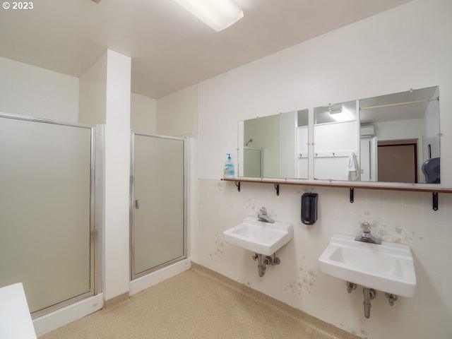 bathroom featuring backsplash, sink, and a shower with door