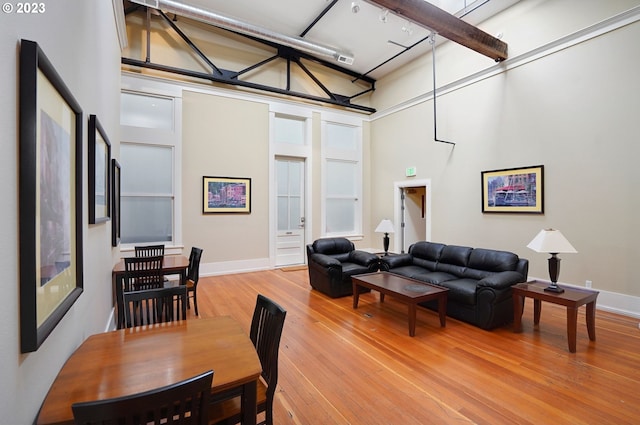 dining room with a high ceiling and light hardwood / wood-style flooring