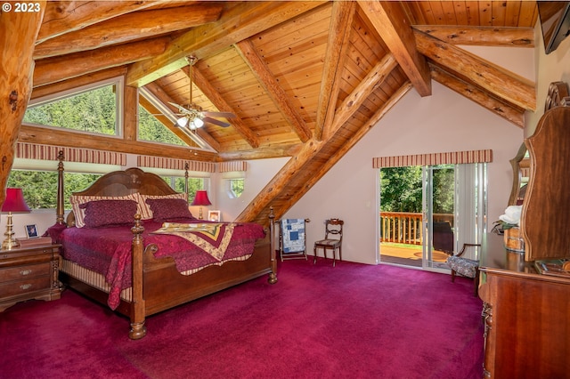 carpeted bedroom with access to outside, wood ceiling, and beamed ceiling