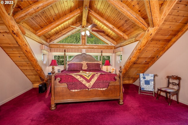 bedroom featuring dark carpet, vaulted ceiling with beams, and wood ceiling