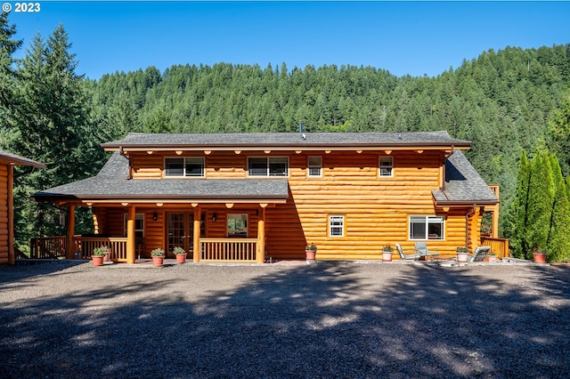 log home with a porch