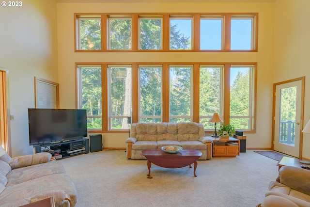 living room with carpet floors, a towering ceiling, and a wealth of natural light