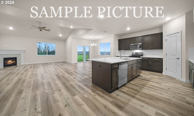 kitchen with stainless steel appliances, light hardwood / wood-style flooring, a kitchen island with sink, and sink