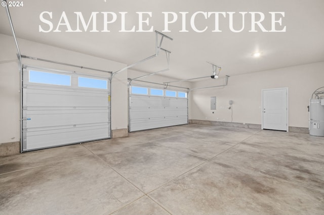 garage with electric water heater, electric panel, and a garage door opener