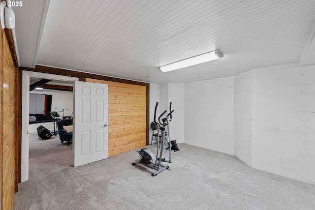 exercise room with wood walls and carpet