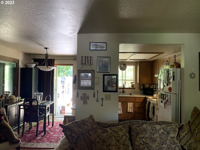 living room featuring a textured ceiling and sink