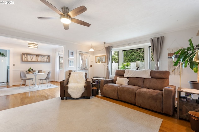 living room with ceiling fan and light hardwood / wood-style floors