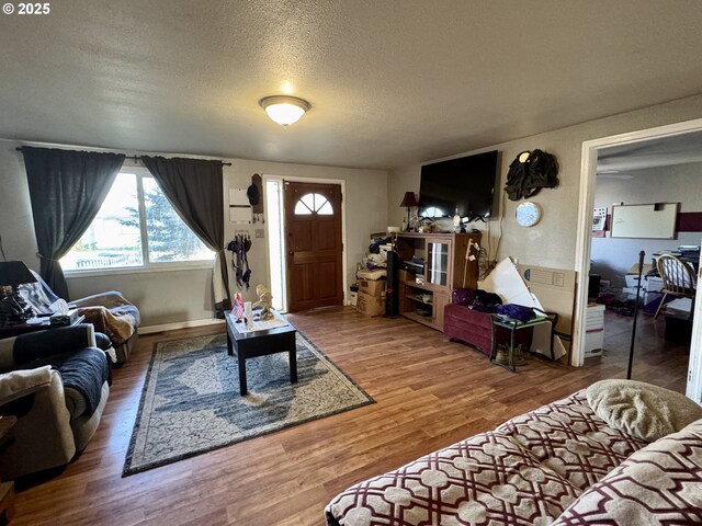 living room with hardwood / wood-style floors and a textured ceiling