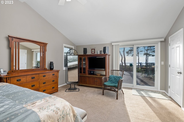 bedroom featuring light carpet, access to exterior, ceiling fan, and multiple windows