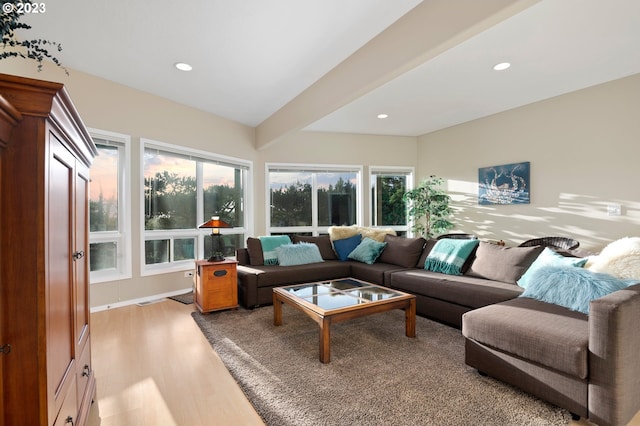 living room with plenty of natural light, light hardwood / wood-style floors, and beam ceiling