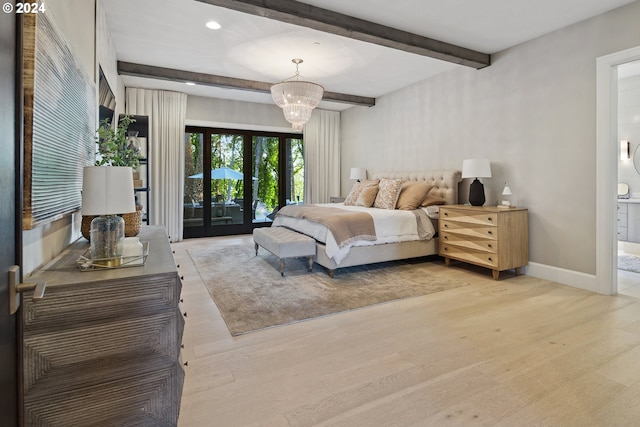 bedroom featuring light wood-type flooring, an inviting chandelier, access to outside, and beamed ceiling