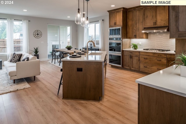 kitchen with backsplash, sink, light hardwood / wood-style flooring, an island with sink, and stainless steel appliances