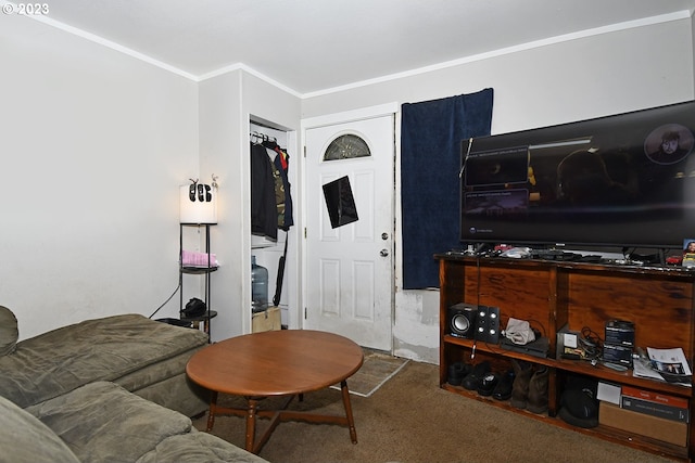 carpeted living room with ornamental molding