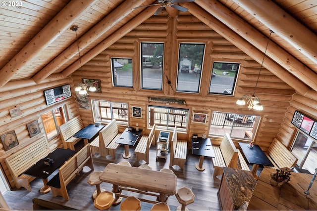 363 S Mill St, Sumpter, OR 97877 - living room with log walls, wooden ceiling, dark wood-type flooring, and ceiling fan with notable chandelier
