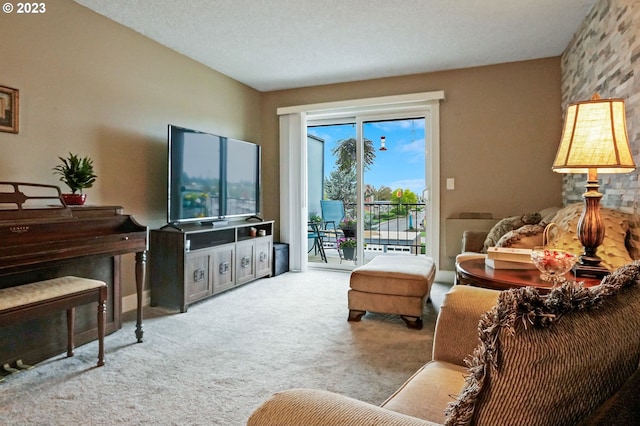 sitting room with a textured ceiling and light colored carpet