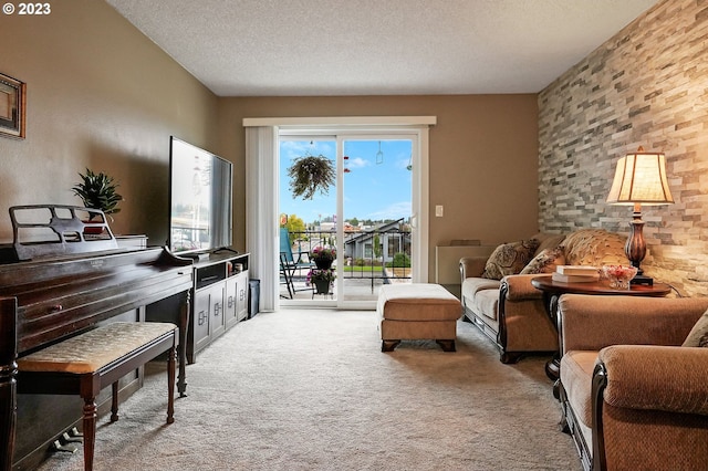 sitting room with light carpet and a textured ceiling