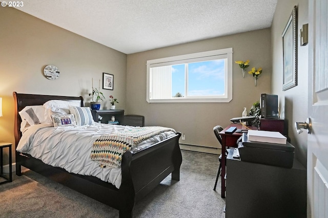 bedroom featuring carpet flooring, a textured ceiling, and a baseboard heating unit