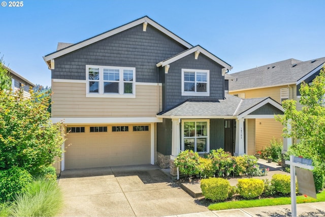 10703 NW Glenmore Way, Portland, OR 97229 - craftsman inspired home with a garage, concrete driveway, and stone siding