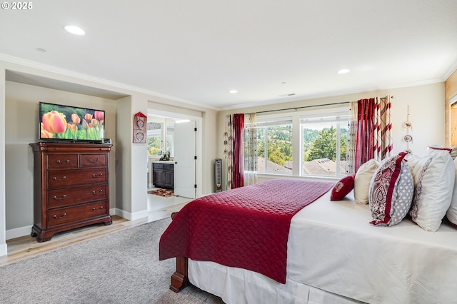 10703 NW Glenmore Way, Portland, OR 97229 - bedroom featuring ornamental molding, light wood-style flooring, recessed lighting, and connected bathroom