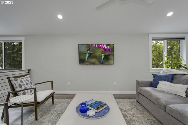 living room featuring hardwood / wood-style floors and ceiling fan