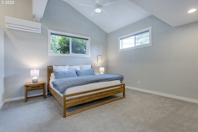 carpeted bedroom featuring a wall mounted air conditioner, ceiling fan, multiple windows, and high vaulted ceiling