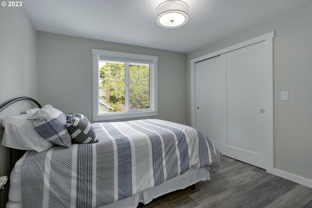 bedroom featuring dark hardwood / wood-style flooring and a closet