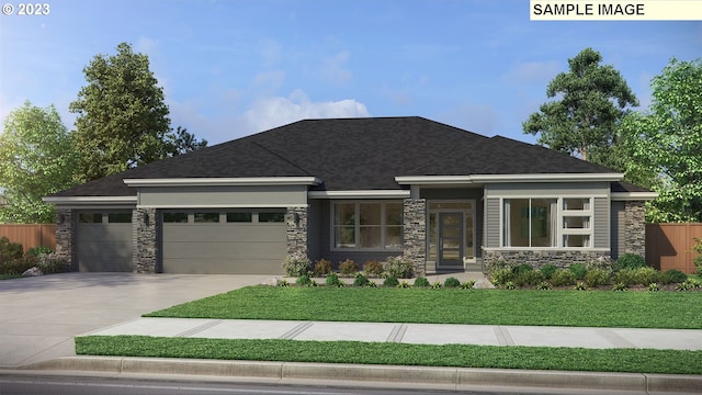 15673 S Stammen Ln, Oregon City, OR 97045 - prairie-style home featuring stone siding, a garage, fence, a front lawn, and driveway