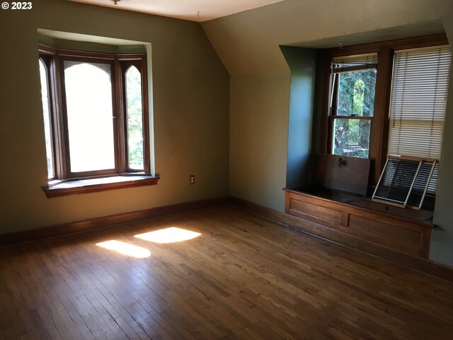 additional living space featuring dark wood-type flooring, plenty of natural light, and vaulted ceiling