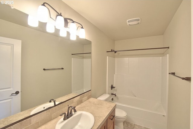 full bath with vanity, toilet, visible vents, and shower / bath combination