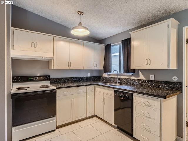 kitchen with sink, black dishwasher, light tile floors, white electric range, and pendant lighting