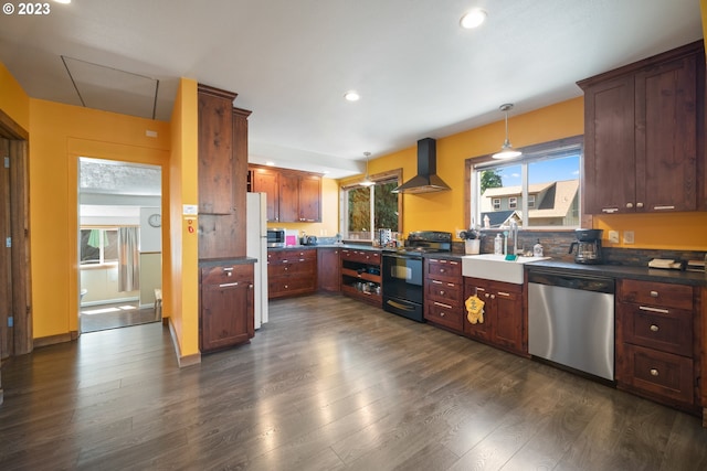 kitchen with a healthy amount of sunlight, dishwasher, black / electric stove, dark wood-type flooring, and wall chimney range hood