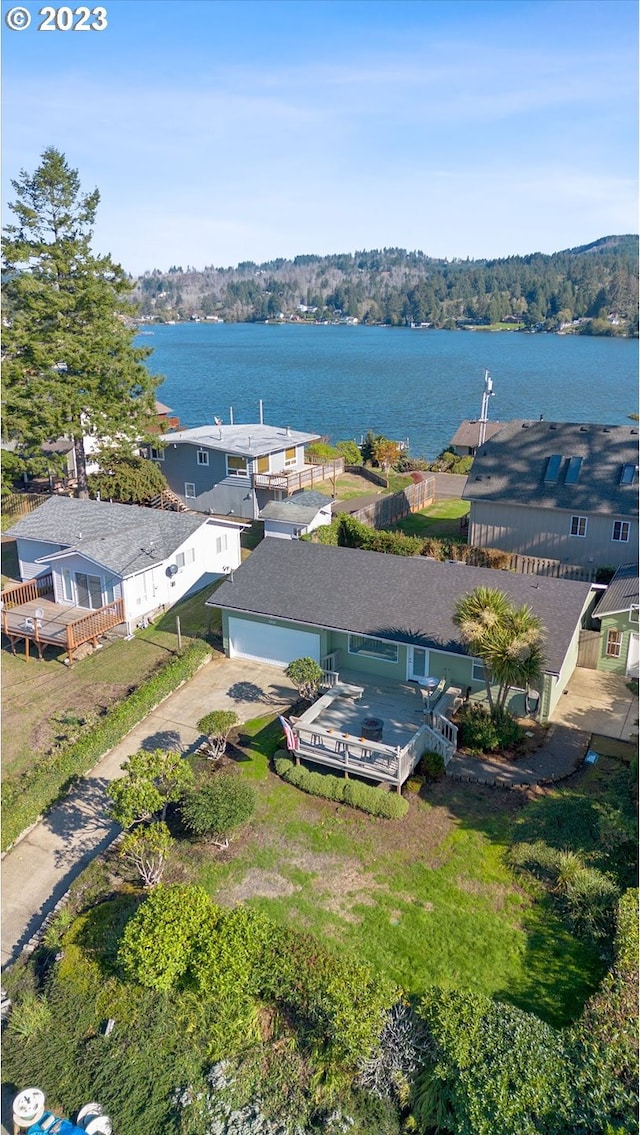 aerial view featuring a water view