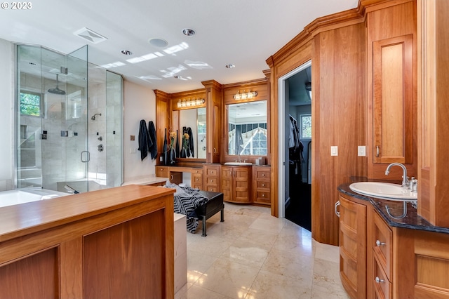 bathroom with walk in shower, tile flooring, and double vanity