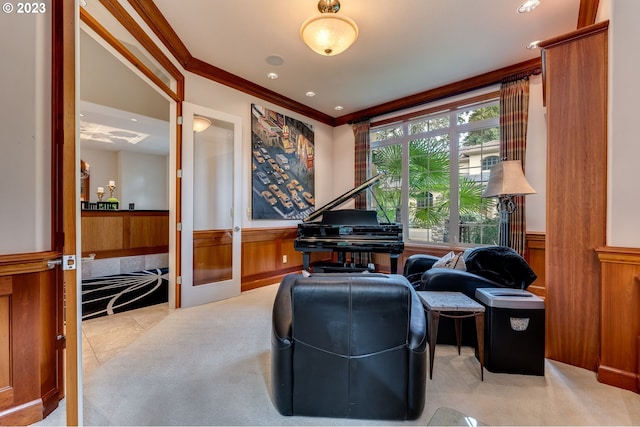 tiled home office featuring ornamental molding and french doors