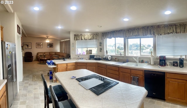 kitchen with sink, ceiling fan, plenty of natural light, and black dishwasher