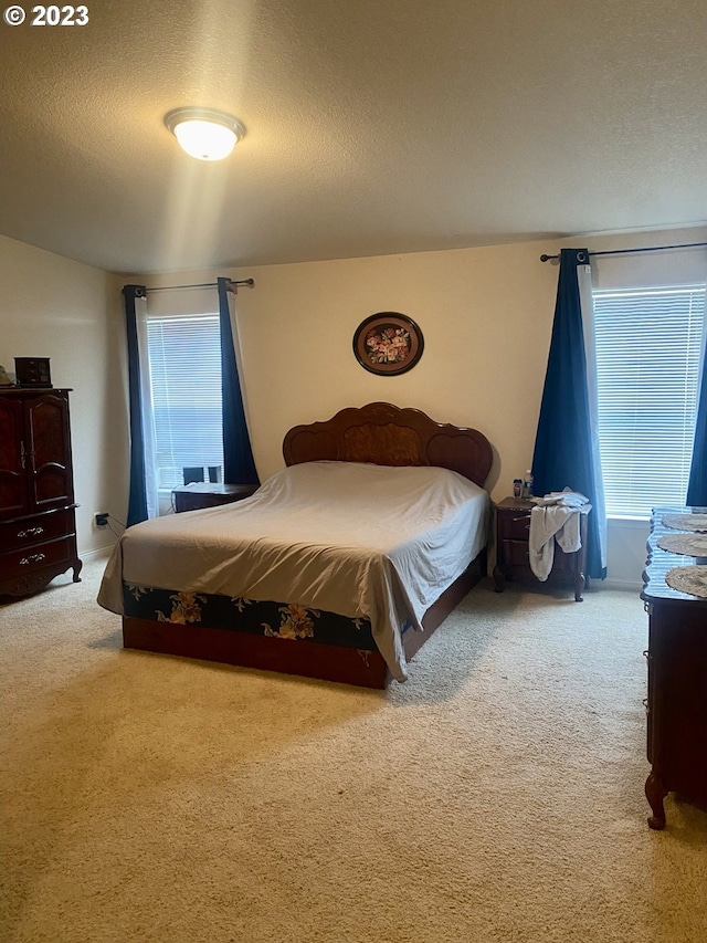 carpeted bedroom featuring a textured ceiling