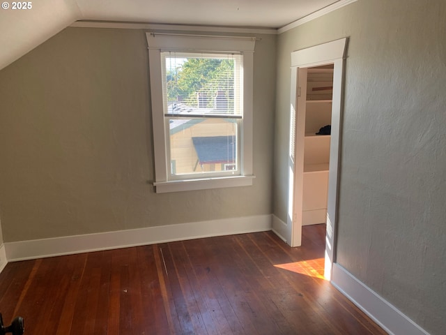 additional living space with vaulted ceiling and dark wood-type flooring