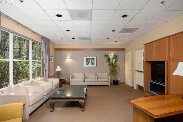 living room featuring a paneled ceiling and light carpet