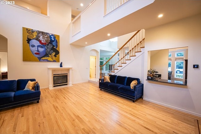 living room with a high ceiling and hardwood / wood-style floors