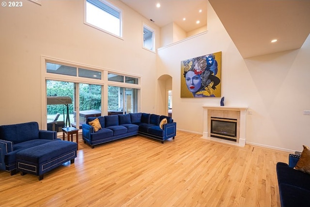 living room featuring a towering ceiling and light hardwood / wood-style floors