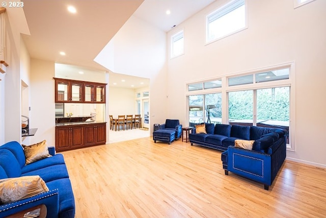 living room featuring light hardwood / wood-style floors and a towering ceiling