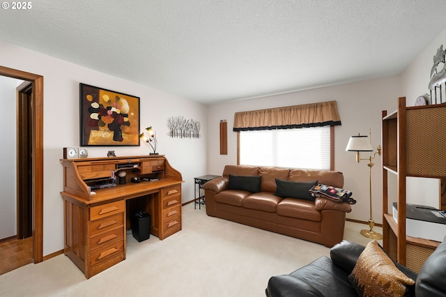 home office with a textured ceiling and light colored carpet